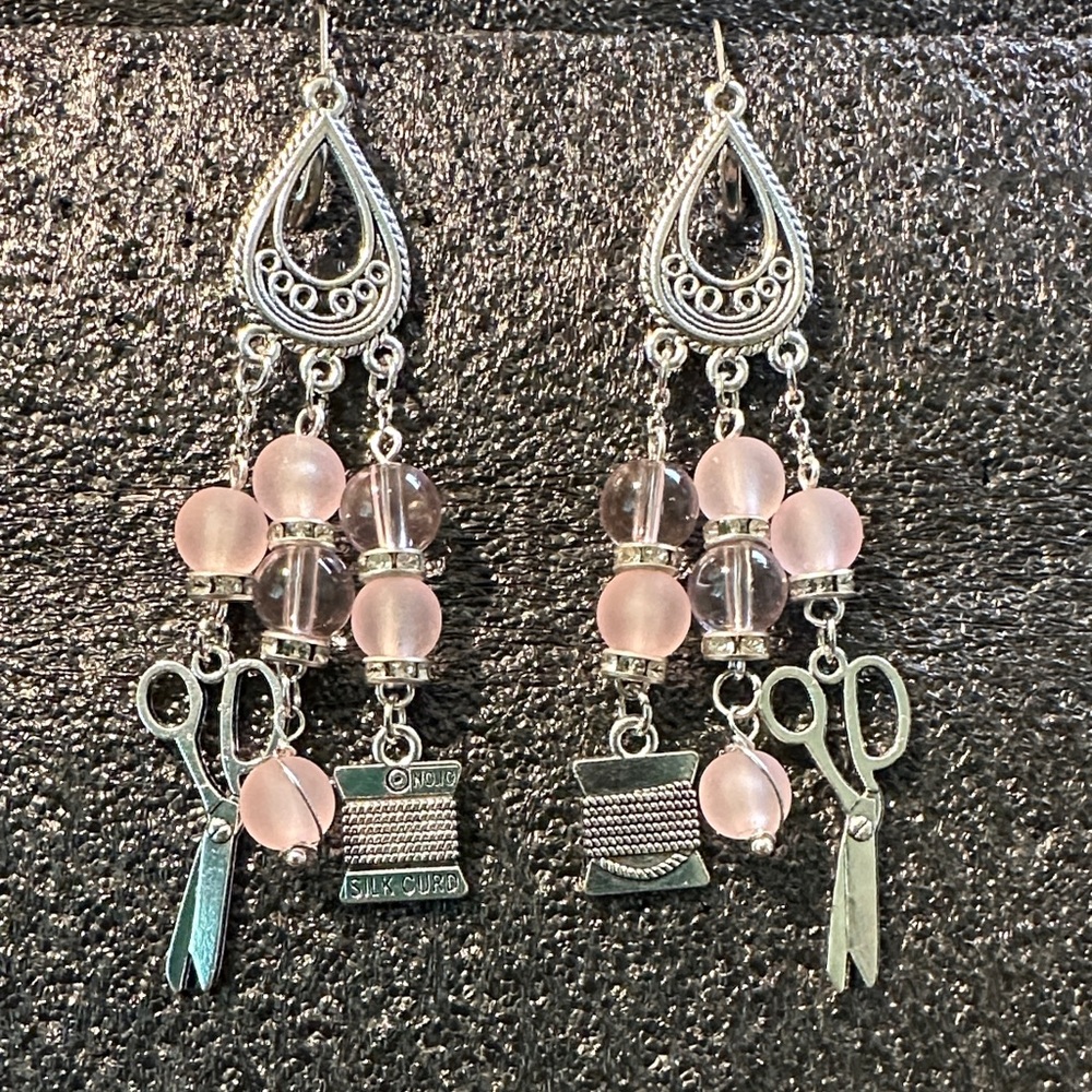 Silver/Pink Sewing Charms Dangle Earrings